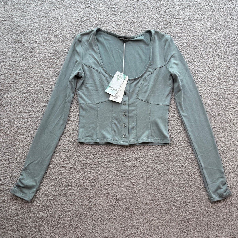 Guess LS Amori Button Up Top Dusty Teal Corset Style Crop XS NWT